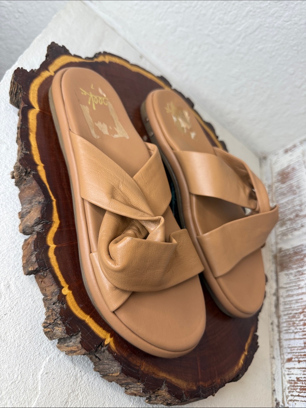 beek Tan Knotted Leather Slide Sandals